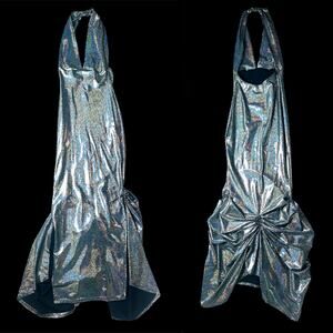 Liquid Silver Holographic Halter Maxi Dress – Custom Pouf Back Skirt XS/Petite